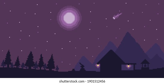 Pixel Art Lumberjack House Background With Pines And Mountains In Night Sky. 8bit Game Scenario
