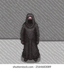 Pixel art of a man in a black robe facing a wall