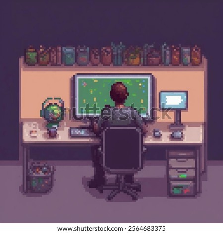 Pixel art of a man at a desk, computer in view.