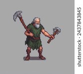 pixel art, A man, older than thime, wielding an axe blade of ancient metal complete with a handle made from a human femur He traded half his humanity for longevity a splintered soul