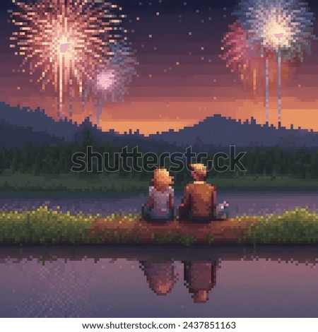 pixel art, a man with short blond hair sitting next to his brownhaired girlfriend in a meadow by the water watching the night sky with fireworks photo with colorful colors , ultra realistic , colorful Stock photo © 