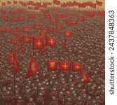 pixel art, a massive host of Medieval eastern soldiers wearing red tunics and gold armor with red banners and spears marching in an open field, oil painting by Tavik Frantisek Simon,