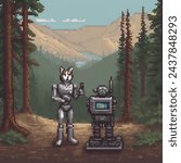 pixel art, A middistance shot with a Sony a7x camera and an 85mm f8 lens captures a slender husky on the left, a bearded man with long brown hair holding a robot translator on the right The robot