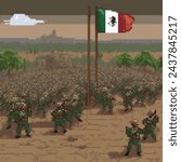 pixel art, a midshot oil painting of the Mexican Army defeating the French Army at The Battle of Puebla in 1862, Mexican Flag flying in the air, dead french soldiers dot the landscape, mexican pride,
