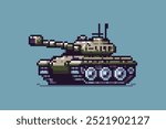 Pixel art of a military tank with a large cannon on a blue background.