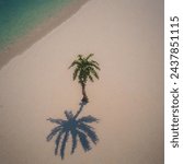 pixel art, A minimalist composition of a single palm tree casting a long shadow on a pristine beach, super realistic, Nikon D850, Nikon AFS NIKKOR 35mm f18G ED, late afternoon Summer photographic