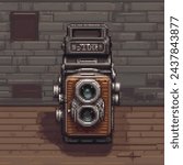 pixel art, a mix of a vintage hasselblad camera and rolleiflex, studio, ultra realistic