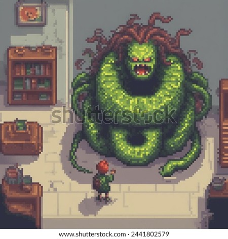 A pixel art scene with a humanoid figure standing next to a monstrous green creature, possibly in a library setting. Stock foto © 