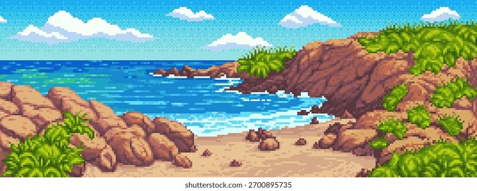 Pixel Art Secluded Rocky Coastline Beach with Cliffs and Blue Ocean