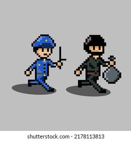 Pixel Art Style, Old Videogames Style, Retro Style 18 Bit Police Run Chasing Robber