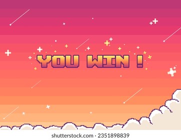 Pixel art sunset sky with clouds and stars game background,Arcade retro 8 bit video game interface with You Win text, orange to purple gradation. Retro game screen Vector illustration - Powered by Shutterstock