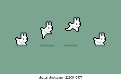 Pixel Art Of White Rabbit Jumping Movement, With Green Background.