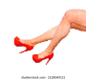 Pixel Artwork Illustration Of Sexy Long Woman Legs On High Red Heels Sitting Pose Isolated On White Background. 16 Bit Retro Game Clipart.