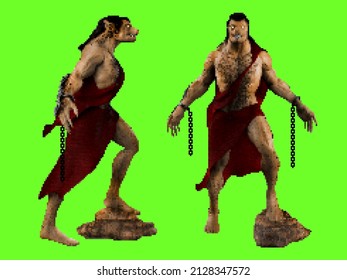 Pixel Artwork Illustration Of Werewolf Monster Character With Broken Chains And Torn Cloth On Green Screen Background. 16 Bit Retro Game Clipart.