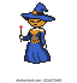 Pixel Character Spesial Halloween, Pumpkin Wizard Woman With Magical Wand.