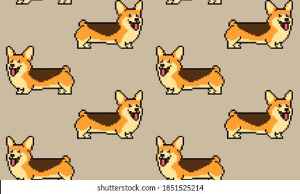 Pixel Dog Corgi. Seamless Pattern