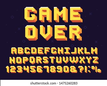 Pixel game font. Retro games text, 90s gaming alphabet and 8 bit computer graphic letters. Pixelated typeface letter, arcade game 8 bit pixel text and numbers retro symbols set