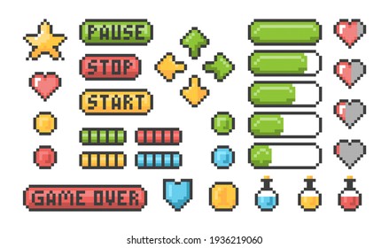 Pixel Game Icon. Ui Web Bars And Buttons For 8 Bit Console Retro Elements