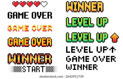 Pixel game UI elements — text icons for game over, level up, and winner