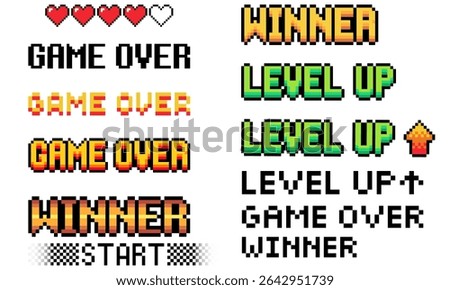 Pixel game UI elements — text icons for game over, level up, and winner