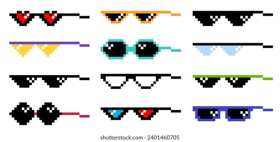 Pixel glasses meme set. Like a boss meme. Pixelation, accessories optical fashion. 8 bit funky logo icon.  cartoon eyeglass frame for sunglasses