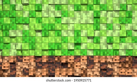Pixel grass and ground background. 3D Abstract cubes. Video game geometric mosaic waves pattern. Construction of hills landscape using brown and green grass block. Concept of games minecraft