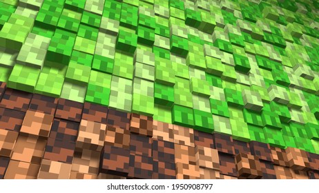 Pixel grass and ground background. The concept of games. 3D Abstract cubes. Video game geometric mosaic waves pattern. Construction of hills landscape using brown and green grass blocks. Minecraft