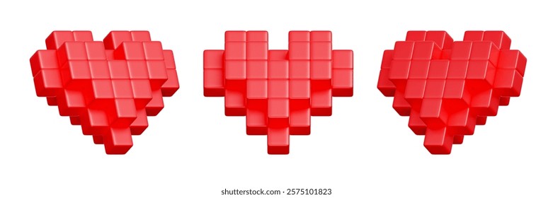 Pixel Heart, Valentine's Day elements, 3d rendering.
