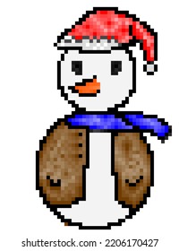 A Pixel Snowman With A Blue Scarf And A Brown Shirt.