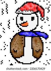 A Pixel Snowman With A Blue Scarf And A Brown Shirt.