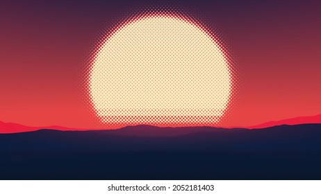 Pixel style sunset landscape. Sun over horizon. Retro wave, vintage style trendy illustration. Comic cartoon style background. 80s, 90s Computer, console video games. Arcade. 8 bit.