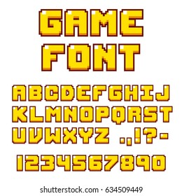 Pixel Video Game Font. 8-bit Symbols, Letters And Numbers. Oldschool Retro Nostalgic Typeface.