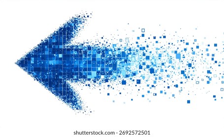 Pixelated blue arrow, gradually dissolving into scattered square fragments against a white background