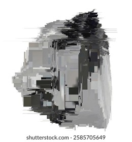 A pixelated and distorted abstract form, resembling a glitch effect with fragmented and blurred elements in a grayscale palette.