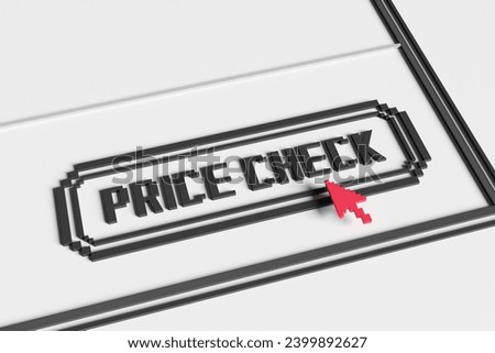 Pixelated red mouse hovering over a computer dialog box button having the label PRICE CHECK. 3D illustration of the concept of price comparison during online shopping