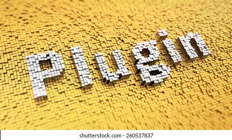 Pixelated word 'Plugin' made from cubes, mosaic pattern