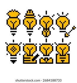 Pixels idea icon set. Creative, business, solution, brainstorming, innovation, Lightbulb, brain, meeting, thinking and management. Editable stroke icons collection vector illustration.