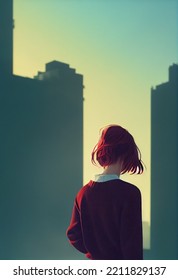 Pixie Cut Red Headed Woman Turned Around, Red Sweater, City Background