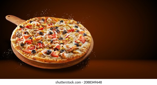 Pizza Concept promotional flyer and poster for Restaurants or pizzerias, template with delicious taste pizza, mozzarella cheese and copy space for your text - Powered by Shutterstock