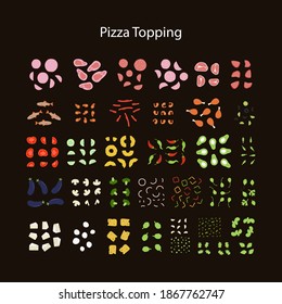 Pizza Constructor. Create Your Own Pizza With  All Kinds Of Pizza Toppings. Meat And Fish Filling For Pizza, Cheeses, Vegetables, Greens, Mushrooms. Flat Design