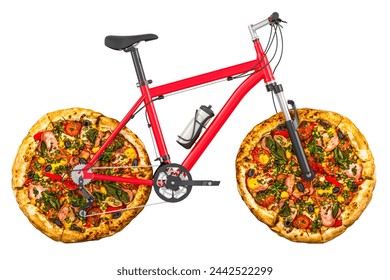 Pizza delivery, concept. Bicycle with pizza wheels, 3D rendering isolated on white background - Powered by Shutterstock