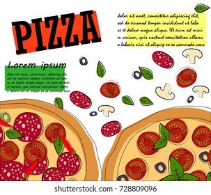 Pizza food menu for restaurant and cafe. Design template with hand-drawn graphic elements in doodle style. - Powered by Shutterstock