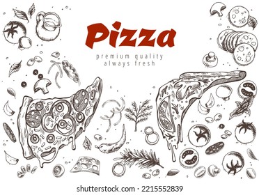 Pizza line banner. Engraved style doodle background. Savoury pizza ads. Tasty banner for cafe, restaurant or food delivery service - Powered by Shutterstock