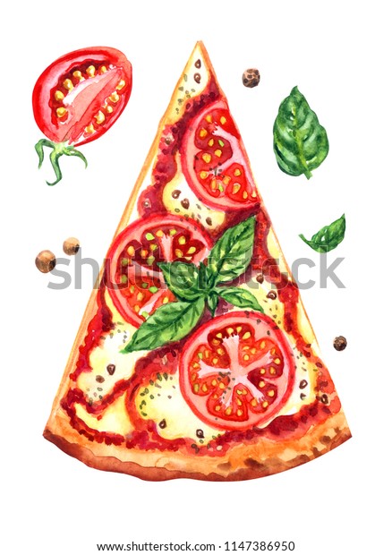白い背景に切り取り線とピザのマルゲリタとトマトとバジル 水彩イラスト のイラスト素材