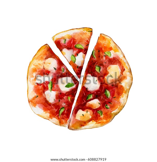 白い背景にピザと溶かしたモッツァレラチーズとバジル 水彩イラスト のイラスト素材