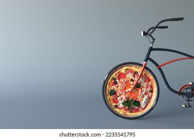 Pizza on bicycle wheels 3d illustration. Creative concept of fast pizza delivery, food delivery service, pizzeria banner for promotion and media. Picture frame, copy space, flatlay. Creative idea  - Powered by Shutterstock