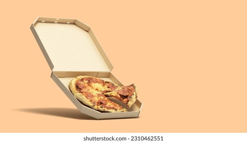 Pizza in open box perspective view 3d render on color background - Powered by Shutterstock