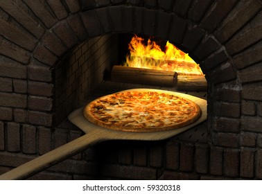 Pizza  Resting On A Wooden Spatula Inside A Sood Fired Brick Pizza Oven