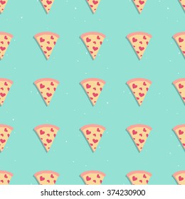 Pizza Slice Cute Seamless Pattern With Hearts On Blue Background, Perfect For Packaging, Restaurant And Cafe Menu, Valentine Card And Much More