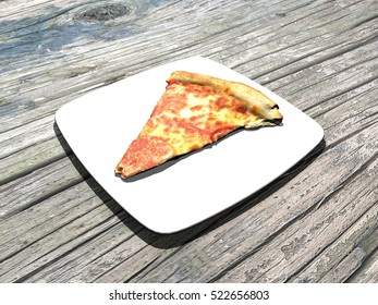 Pizza, slice of pizza on plate placed on a wooden table. 3d rendering